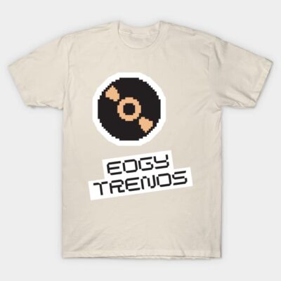 Beige t-shirt with a pixelated vinyl record design and "Edgy Trends" text, perfect for casual wear and music lovers.