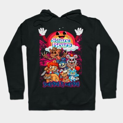 Black hoodie with colorful "Scare Bears" graphic, featuring cartoon characters. Comfortable cotton material for casual wear.