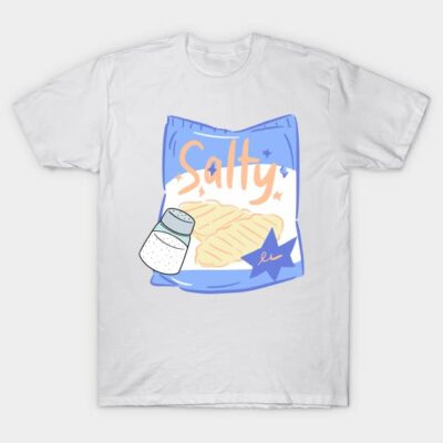 White cotton T-shirt with blue and orange "Salty" chips graphic design. Casual and trendy style.