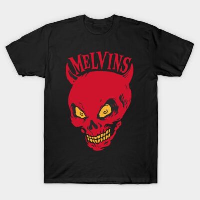 Black graphic t-shirt featuring red devil skull design with "Melvins" text, ideal for casual wear and music fans.