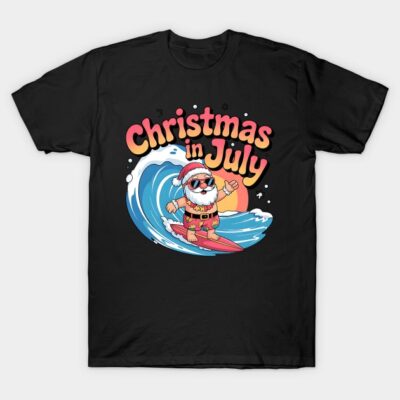 Black t-shirt with "Christmas in July" design featuring Santa surfing, festive and casual summer wear.
