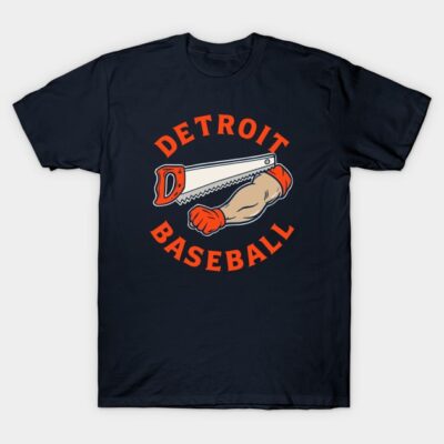 Navy blue "Detroit Baseball" t-shirt with saw and arm graphic, casual style, cotton fabric, unisex sportswear.