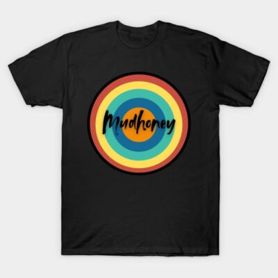 Black unisex T-shirt featuring a colorful retro bullseye design and bold text, perfect for casual wear.