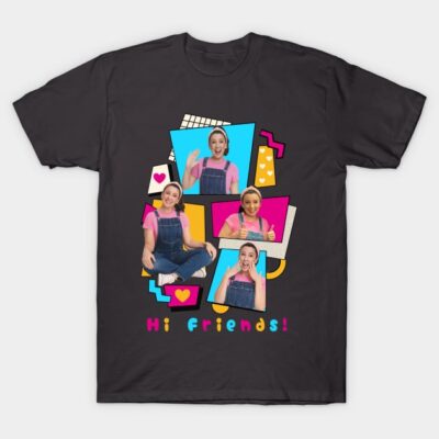 "Black graphic t-shirt with colorful retro design and 'Hi Friends!' slogan, casual cotton unisex style."