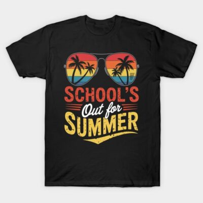 Black t-shirt with "School's Out for Summer" graphic, featuring sunglasses and palm trees. Perfect for casual summer wear.