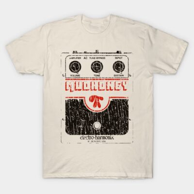 Cream graphic t-shirt with vintage guitar pedal design, featuring black and red text. Casual wear, cotton material.