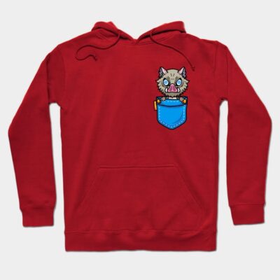 Red hoodie with cartoon animal in blue pocket design, casual style, perfect for everyday wear.