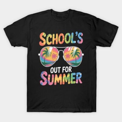 Black T-shirt with colorful "School's Out for Summer" text and sunglasses design, perfect for casual summer wear.