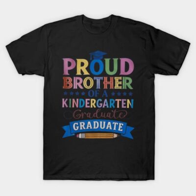 Black t-shirt with colorful "Proud Brother of a Kindergarten Graduate" text, ideal for graduation celebrations.