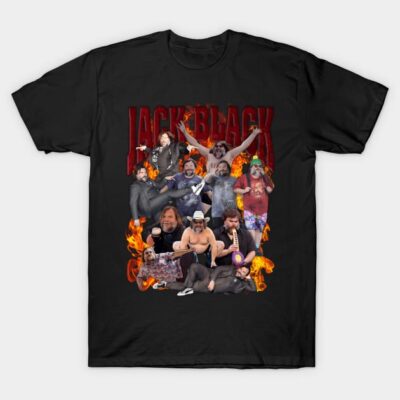 Black graphic t-shirt featuring collage of humorous poses and flames, casual style, ideal for entertainment fans.