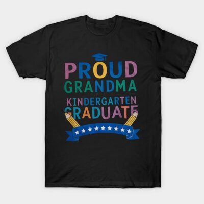 Black "Proud Grandma of Kindergarten Graduate" T-shirt with colorful text and pencil graphics, perfect for celebrations.