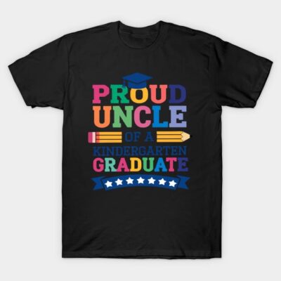 Black t-shirt with colorful "Proud Uncle of a Kindergarten Graduate" print, featuring a pencil and star accents.