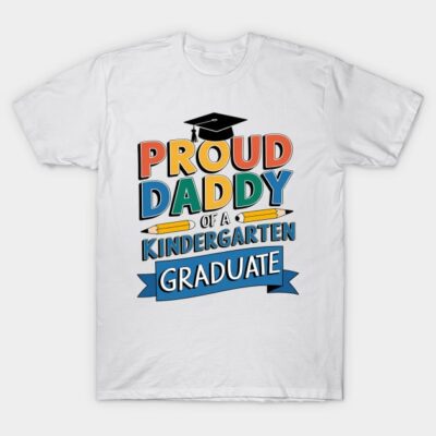 White "Proud Daddy of a Kindergarten Graduate" T-shirt with colorful text and graduation cap graphic, cotton material.