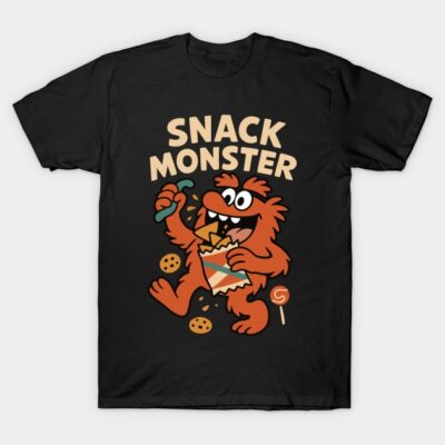 Black T-shirt with "Snack Monster" graphic, featuring cartoon character eating snacks. Casual style, perfect for fun outings.