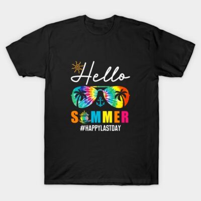 Black "Hello Summer" t-shirt with colorful sunglasses graphic, perfect for casual summer wear.