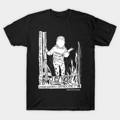 Black graphic t-shirt with a bold protest design, featuring white text and illustration. Ideal for casual wear, cotton material.