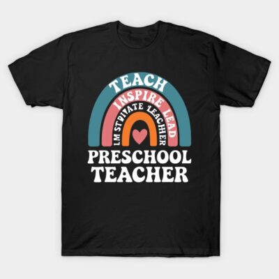 Black preschool teacher t-shirt with colorful rainbow design and inspirational text, ideal for educators.