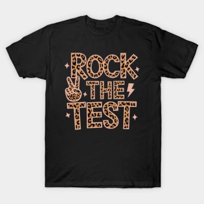 Black t-shirt with "Rock the Test" leopard print design, casual wear, cotton material, educational theme.