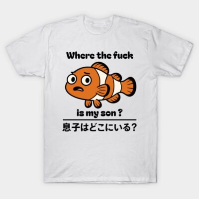 White T-shirt with orange cartoon fish and bilingual humorous text design, casual wear, cotton material.