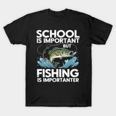 Black t-shirt with humorous fishing print, "School is important but fishing is importanter," perfect for fishing enthusiasts.