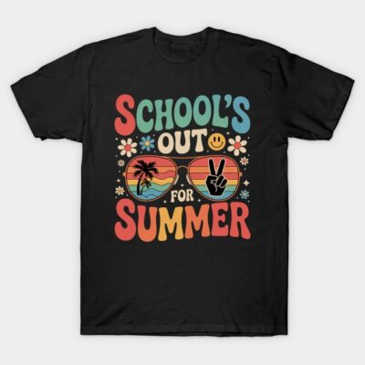 Black "School's Out for Summer" T-shirt with colorful retro graphics, ideal for casual wear.