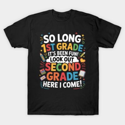Black T-shirt with colorful "So Long 1st Grade, Hello 2nd Grade" print, perfect for back-to-school celebrations.