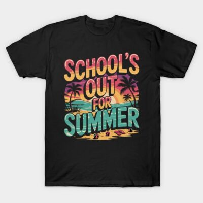 Black t-shirt with "School's Out for Summer" graphic, featuring colorful tropical beach design, casual wear.