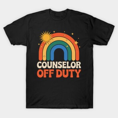 Black "Counselor Off Duty" t-shirt with retro rainbow and sun design, perfect for casual wear and gifts.