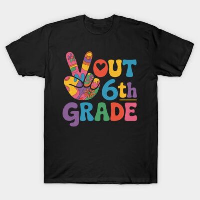 Black t-shirt with colorful "Out 6th Grade" graphic, perfect for celebrating graduation. Cotton material, casual style.