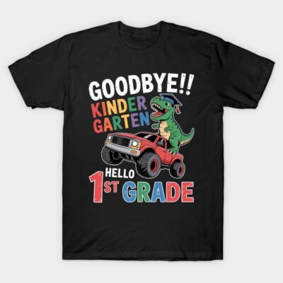 Black children's T-shirt with colorful "Goodbye Kindergarten, Hello 1st Grade" dinosaur and truck graphic design.