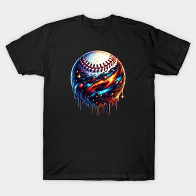 Black t-shirt with vibrant, abstract baseball design. Perfect for casual wear, made from soft cotton material.