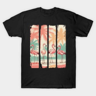 Black t-shirt with vibrant flamingo and palm tree print, casual style, cotton fabric, ideal for summer wear.