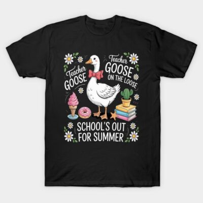 Black "Teacher Goose" graphic t-shirt with summer theme, featuring a goose with a bow tie, ice cream, and books.
