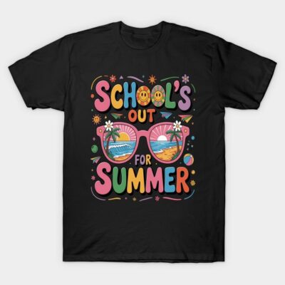 Black t-shirt with colorful "School's Out for Summer" graphic, featuring sunglasses and beach scene design.
