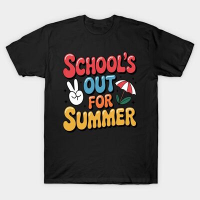 Black T-shirt with colorful "School's Out for Summer" graphic, featuring peace sign and umbrella design. Casual summer wear.