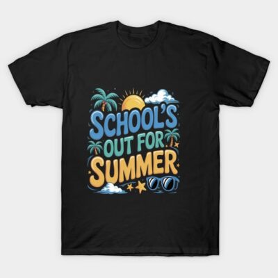 Black "School's Out for Summer" T-shirt with colorful tropical design, ideal for casual summer wear.