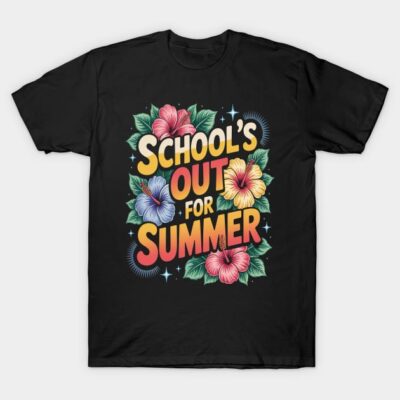 Black T-shirt with colorful floral "School's Out for Summer" print, casual summer wear, cotton material.