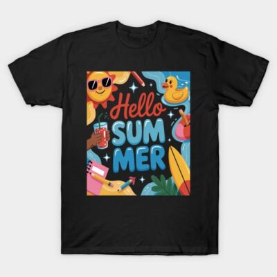Black "Hello Summer" graphic t-shirt, colorful summer-themed design, casual wear, cotton material.