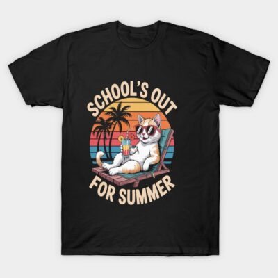 Black t-shirt with "School's Out for Summer" design, featuring a relaxed cat in sunglasses, perfect for casual wear.