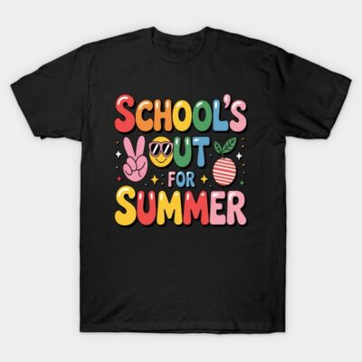 Black t-shirt with "School's Out for Summer" colorful graphic design, casual cotton wear for warm weather.