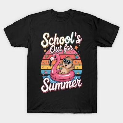 Black t-shirt with "School's Out for Summer" text, featuring a cute bear on a flamingo float, colorful retro design.