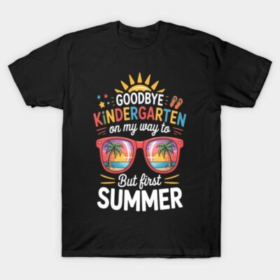 Black T-shirt with colorful "Goodbye Kindergarten, Hello Summer" text and sunglasses graphic, casual summer wear.