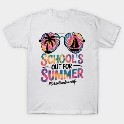 White cotton t-shirt with colorful "School's Out for Summer" graphic and sunglasses design, casual summer wear.
