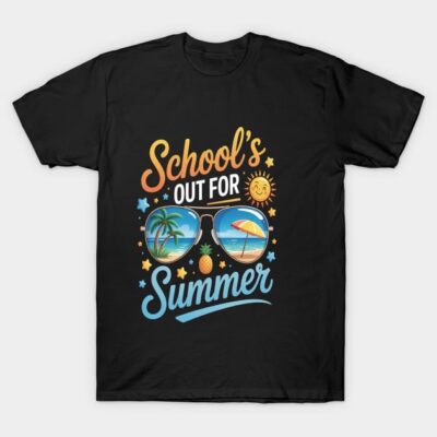 Black t-shirt with "School's Out for Summer" print, featuring sunglasses, palm trees, and beach design. Casual summer wear.