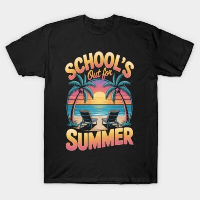 Black "School's Out for Summer" T-shirt with colorful beach sunset design, casual wear, cotton material.