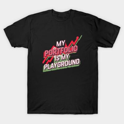 Black t-shirt with "My Portfolio is My Playground" text design in red, green, and white, casual style.
