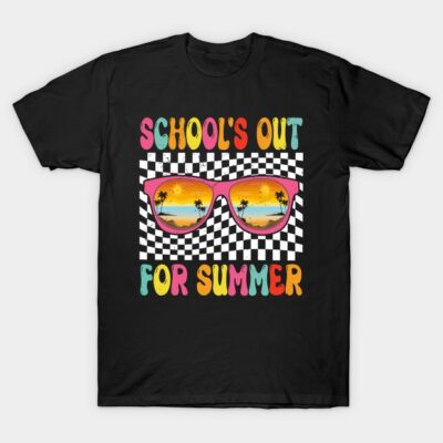 Black t-shirt with colorful "School's Out for Summer" design, featuring checkered pattern and sunglasses graphic.