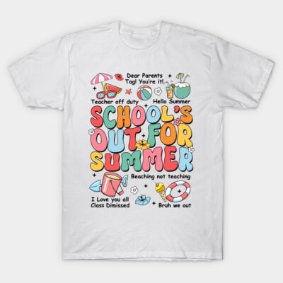 White T-shirt with colorful "School's Out for Summer" graphic and fun summer-themed illustrations.