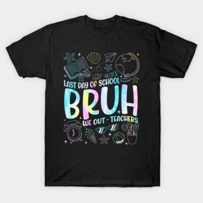 Black "Last Day of School" T-shirt with colorful text and graphics, perfect for teachers, casual style, cotton material.