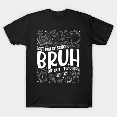 Black "Last Day of School" graphic T-shirt featuring fun teacher-themed white illustrations, perfect for casual wear.